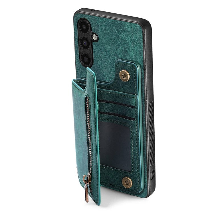 D15 For Samsung Galaxy A13 4G Case Retro Leather+TPU Phone Cover with Zipper Pocket+Kickstand - Green