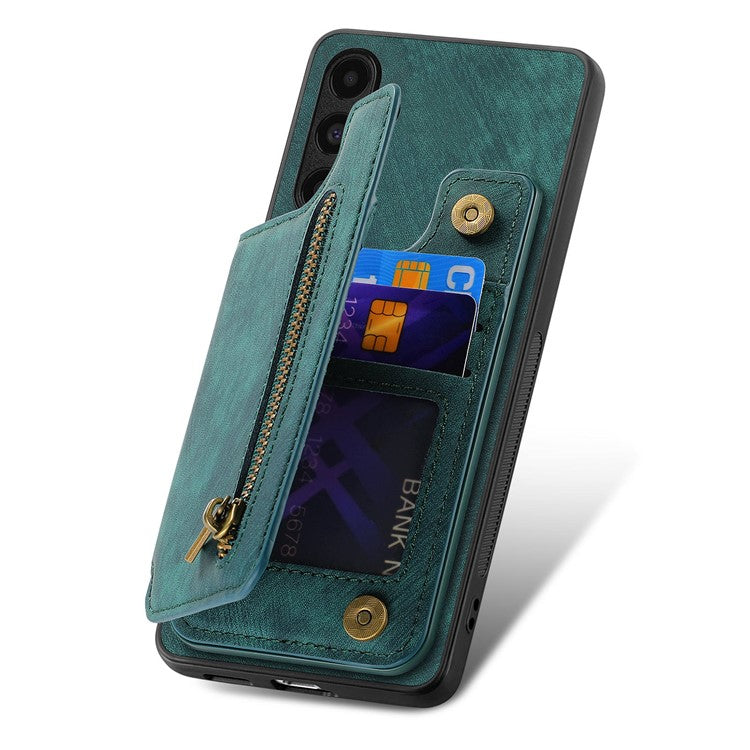 D15 For Samsung Galaxy A13 4G Case Retro Leather+TPU Phone Cover with Zipper Pocket+Kickstand - Green