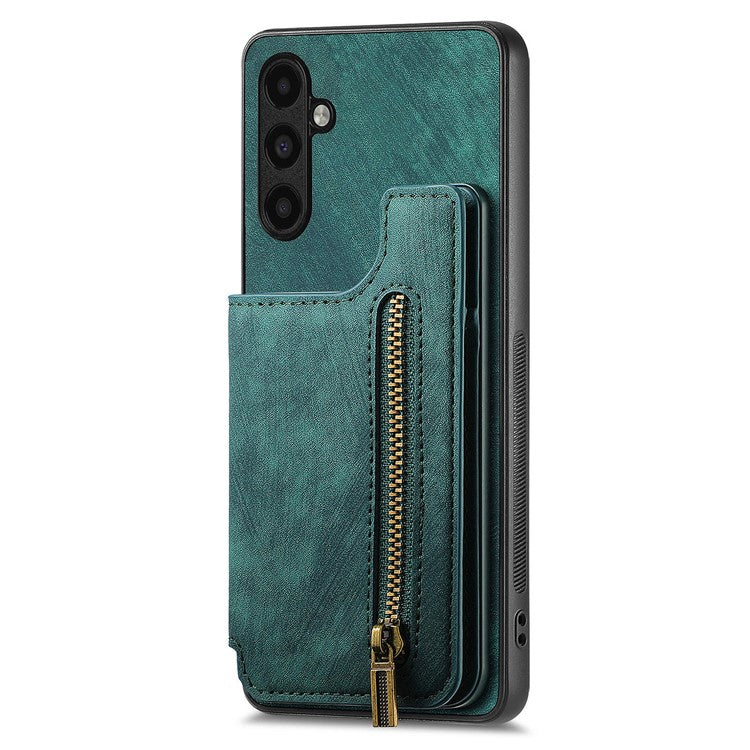 D15 For Samsung Galaxy A13 4G Case Retro Leather+TPU Phone Cover with Zipper Pocket+Kickstand - Green