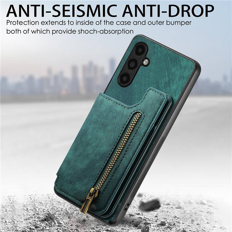 D15 For Samsung Galaxy A13 4G Case Retro Leather+TPU Phone Cover with Zipper Pocket+Kickstand - Green