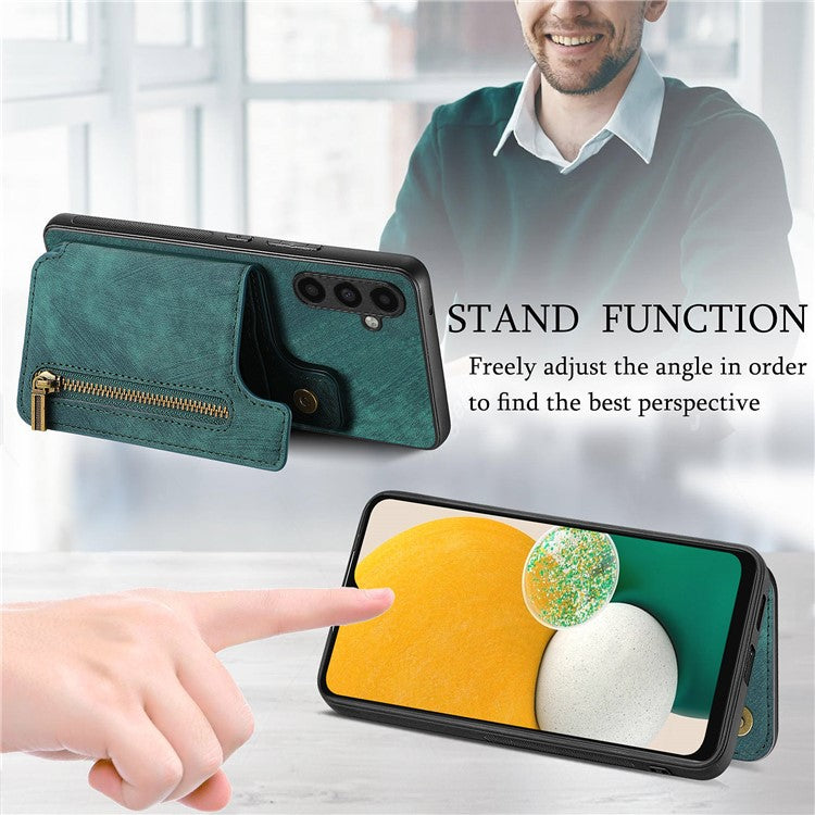 D15 For Samsung Galaxy A13 4G Case Retro Leather+TPU Phone Cover with Zipper Pocket+Kickstand - Green