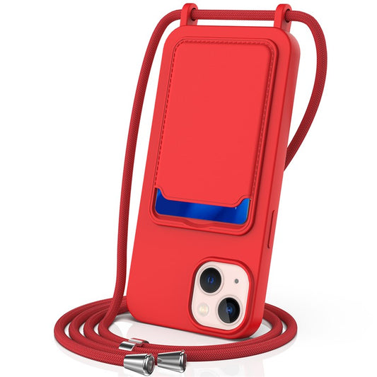 For iPhone 14 Case Card Holder Shockproof Liquid Silicone Phone Cover with Strap - Red