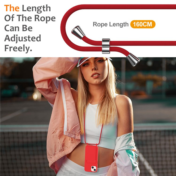 For iPhone 14 Case Card Holder Shockproof Liquid Silicone Phone Cover with Strap - Red