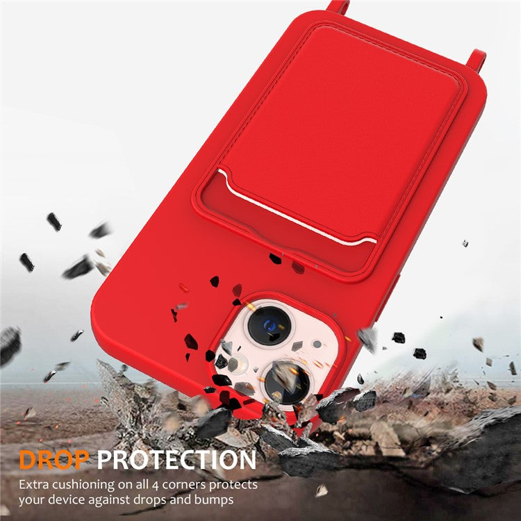 For iPhone 14 Case Card Holder Shockproof Liquid Silicone Phone Cover with Strap - Red