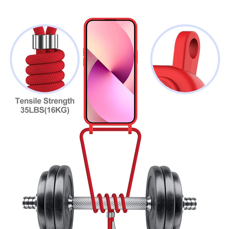 For iPhone 14 Case Card Holder Shockproof Liquid Silicone Phone Cover with Strap - Red