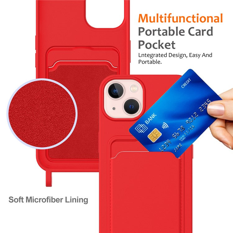 For iPhone 14 Case Card Holder Shockproof Liquid Silicone Phone Cover with Strap - Red