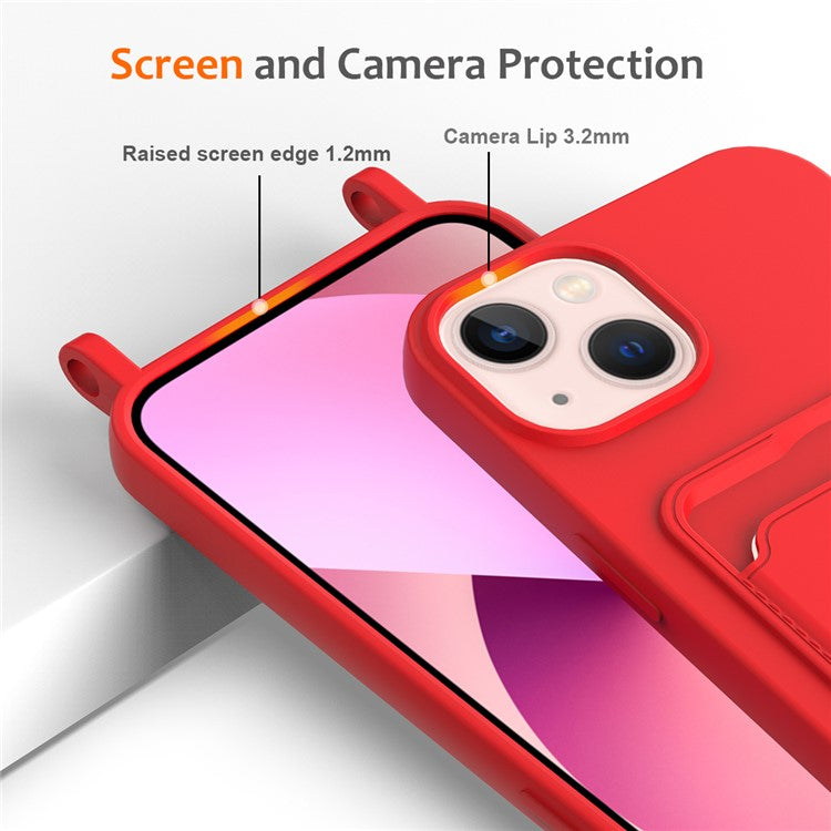 For iPhone 14 Case Card Holder Shockproof Liquid Silicone Phone Cover with Strap - Red