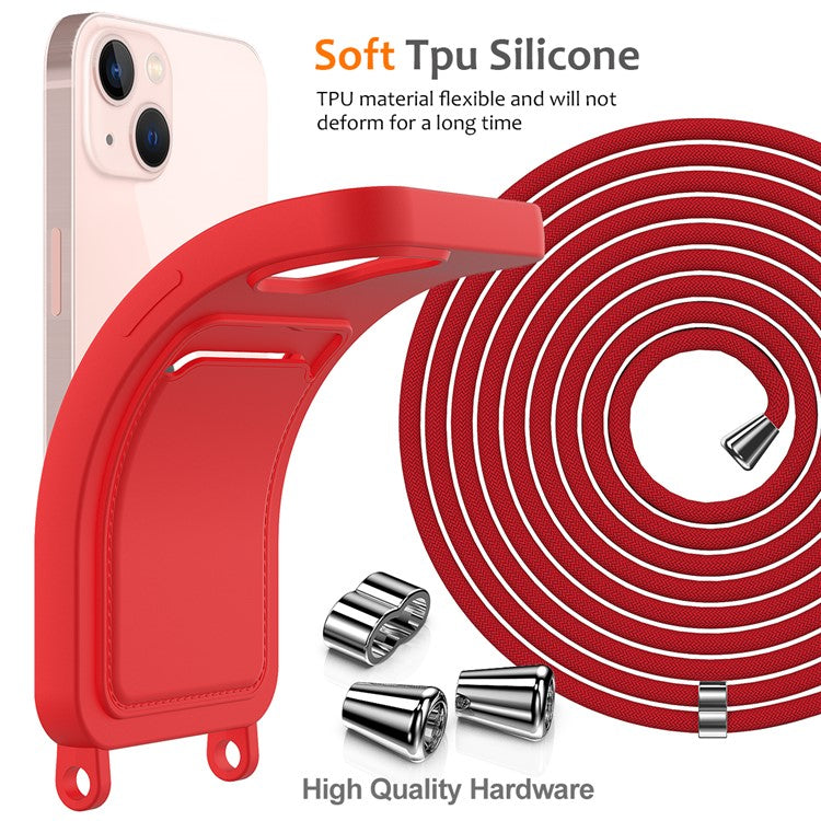 For iPhone 14 Case Card Holder Shockproof Liquid Silicone Phone Cover with Strap - Red