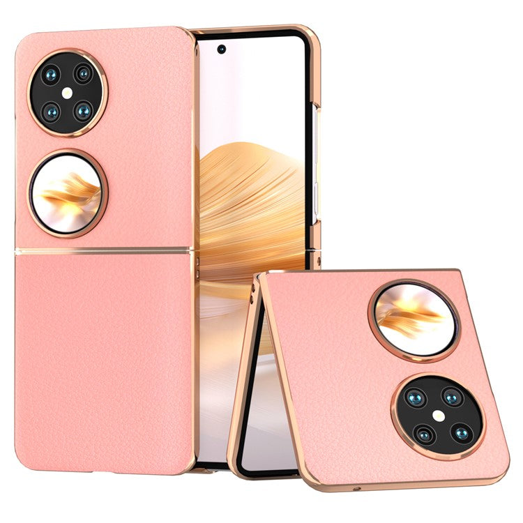 For Huawei Pocket 2 Cell Phone Cases Electroplating Textured Genuine Cowhide Leather+PC Cover - Pink