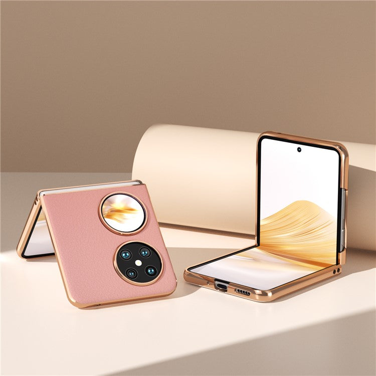 For Huawei Pocket 2 Cell Phone Cases Electroplating Textured Genuine Cowhide Leather+PC Cover - Pink
