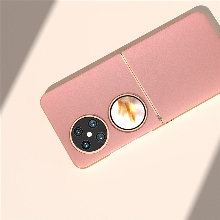 For Huawei Pocket 2 Cell Phone Cases Electroplating Textured Genuine Cowhide Leather+PC Cover - Pink