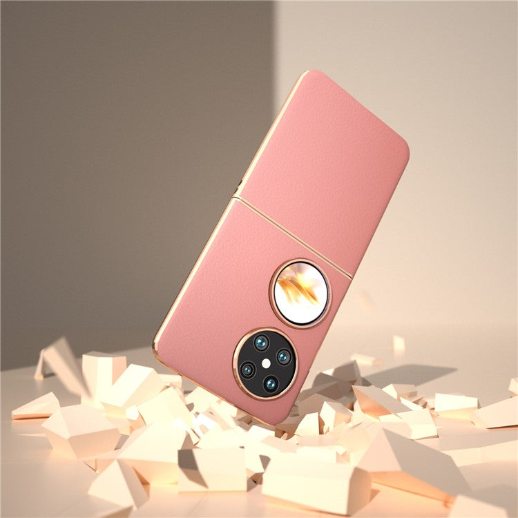 For Huawei Pocket 2 Cell Phone Cases Electroplating Textured Genuine Cowhide Leather+PC Cover - Pink