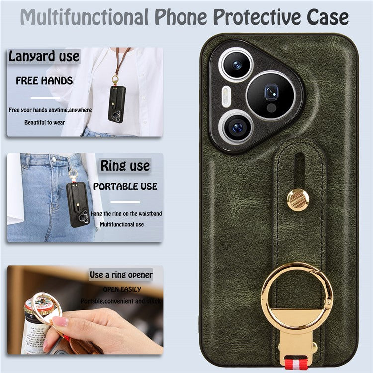 For Huawei Pura 70 Wristband Kickstand Case Fall Proof Phone Cover with Bottle Opener Ring - Green