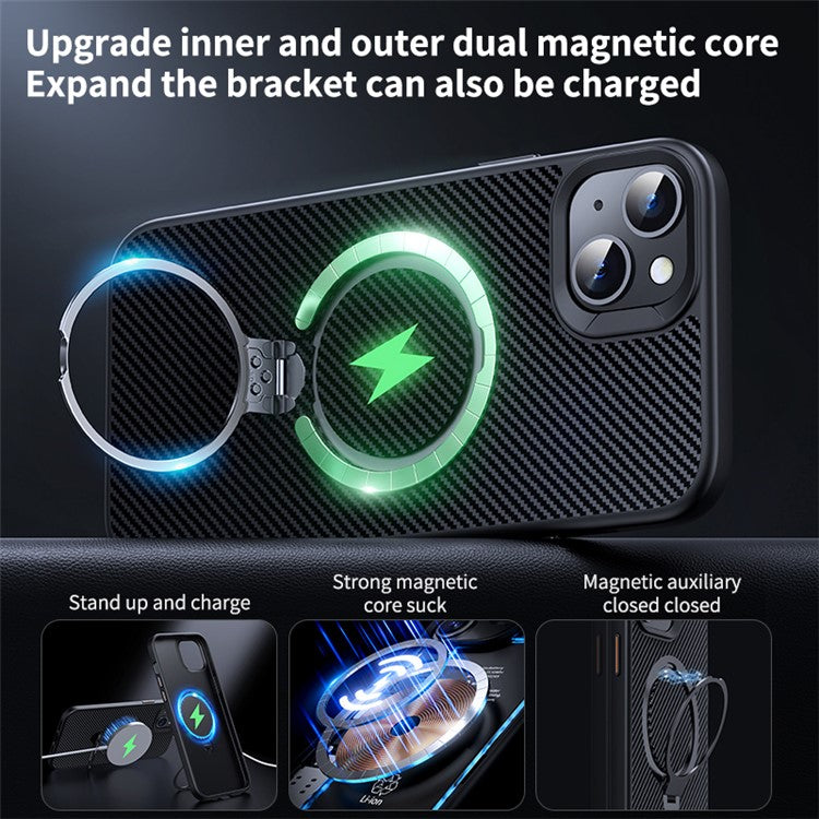 For iPhone 14 / 13 6.1 inch Magnetic Kickstand Case Carbon Fiber Texture PC+TPU Phone Cover - Silver