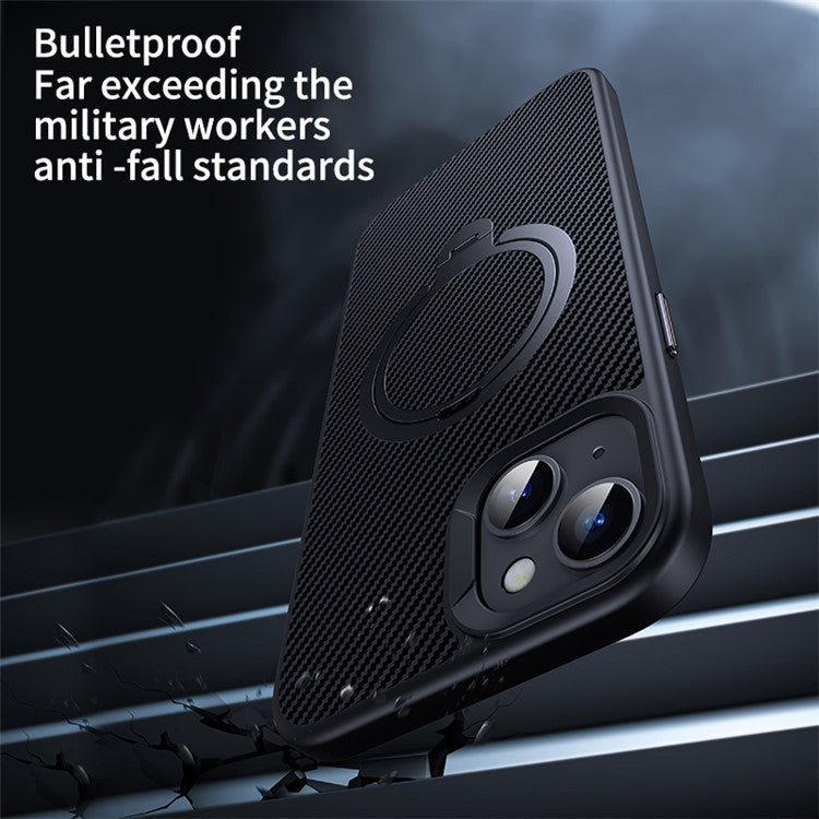 For iPhone 14 / 13 6.1 inch Magnetic Kickstand Case Carbon Fiber Texture PC+TPU Phone Cover - Silver