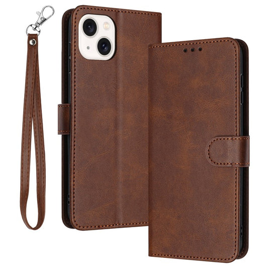 For iPhone 14 Plus / 15 Plus Drop-proof Case Calf Texture PU Leather Stand Phone Cover - Brown