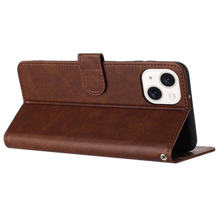 For iPhone 14 Plus / 15 Plus Drop-proof Case Calf Texture PU Leather Stand Phone Cover - Brown