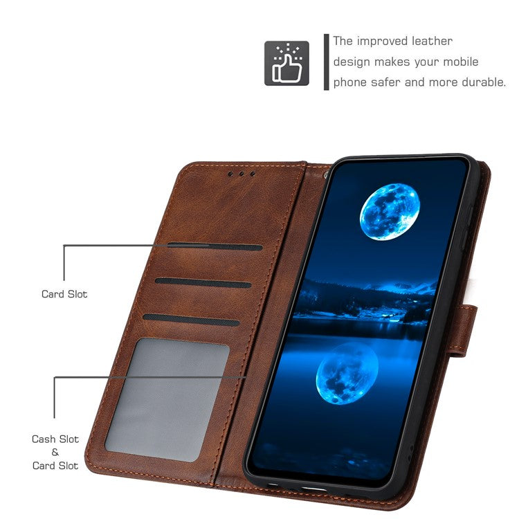 For iPhone 14 Plus / 15 Plus Drop-proof Case Calf Texture PU Leather Stand Phone Cover - Brown