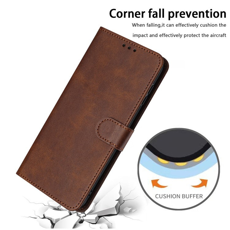 For iPhone 14 Plus / 15 Plus Drop-proof Case Calf Texture PU Leather Stand Phone Cover - Brown
