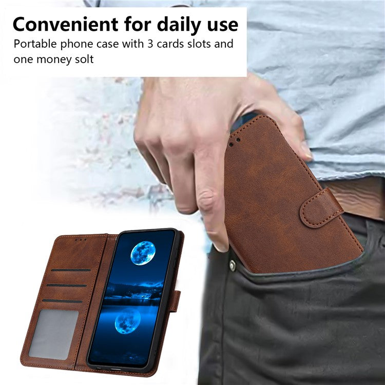For iPhone 14 Plus / 15 Plus Drop-proof Case Calf Texture PU Leather Stand Phone Cover - Brown