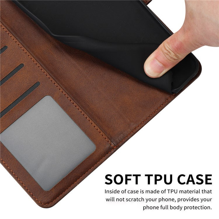 For iPhone 14 Plus / 15 Plus Drop-proof Case Calf Texture PU Leather Stand Phone Cover - Brown