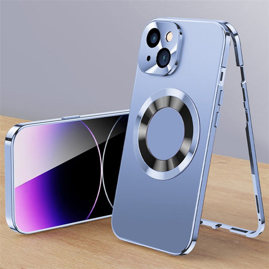 For iPhone 14 Plus Compatible with Magsafe Acrylic+Tempered Glass Anti-drop Clear Phone Cover with Buckle Lock - Dark Blue