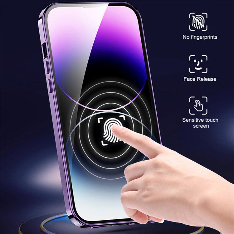 For iPhone 14 Plus Compatible with Magsafe Acrylic+Tempered Glass Anti-drop Clear Phone Cover with Buckle Lock - Dark Blue