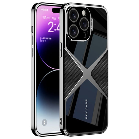GKK For iPhone 14 Pro Max Splicing Phone Case Leather Coated TPU+PC Hybrid Cover - Carbon Fiber Texture