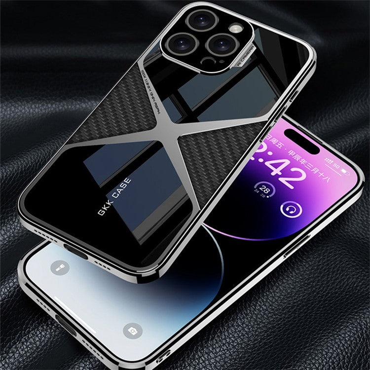 GKK For iPhone 14 Pro Max Splicing Phone Case Leather Coated TPU+PC Hybrid Cover - Carbon Fiber Texture