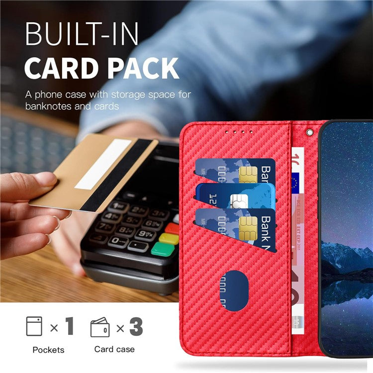 YX0070 For Samsung Galaxy A14 4G / 5G Leather Case Carbon Fiber Texture Flip Phone Cover - Red