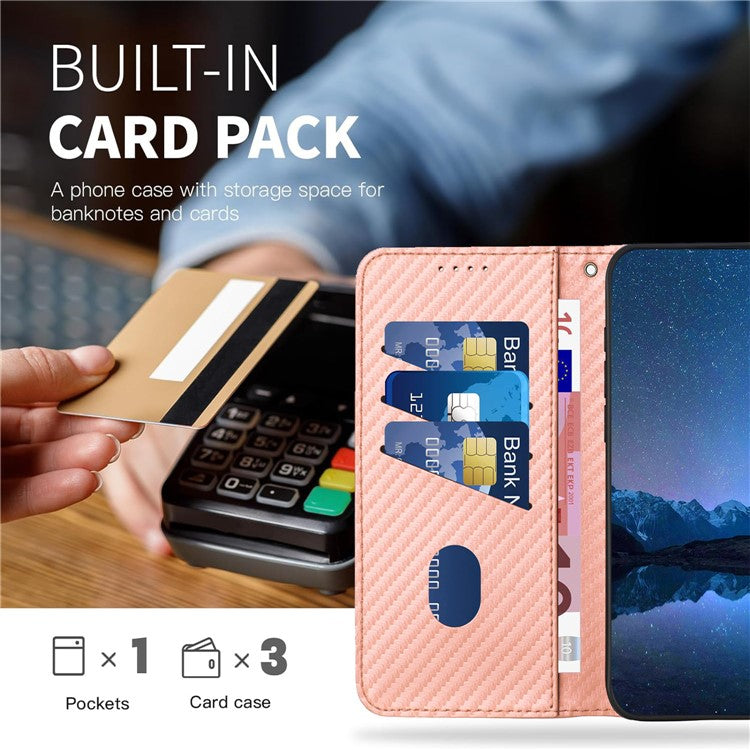 YX0070 For Samsung Galaxy A34 5G Case PU Leather Carbon Fiber Texture Cash Pocket Phone Cover - Pink