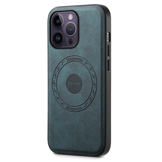 DENIOR A11 For iPhone 14 Pro Magnetic Phone Case Retro PU+PC+TPU Shockproof Cover - Blue