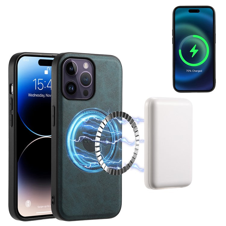 DENIOR A11 For iPhone 14 Pro Magnetic Phone Case Retro PU+PC+TPU Shockproof Cover - Blue
