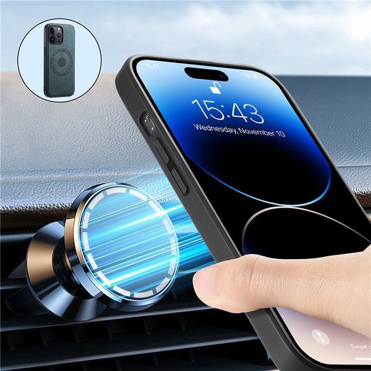 DENIOR A11 For iPhone 14 Pro Magnetic Phone Case Retro PU+PC+TPU Shockproof Cover - Blue