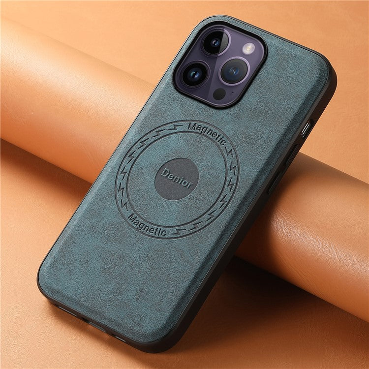 DENIOR A11 For iPhone 14 Pro Magnetic Phone Case Retro PU+PC+TPU Shockproof Cover - Blue