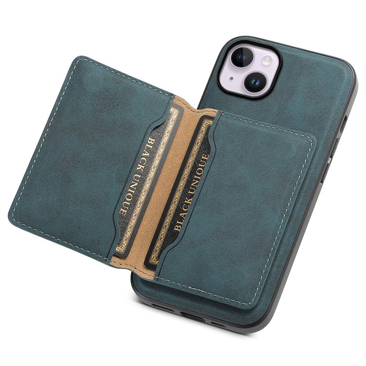 DENIOR D13 For iPhone 14 Plus Magnetic Leather+TPU+PC Bump Proof Phone Cover with Card Bag - Blue