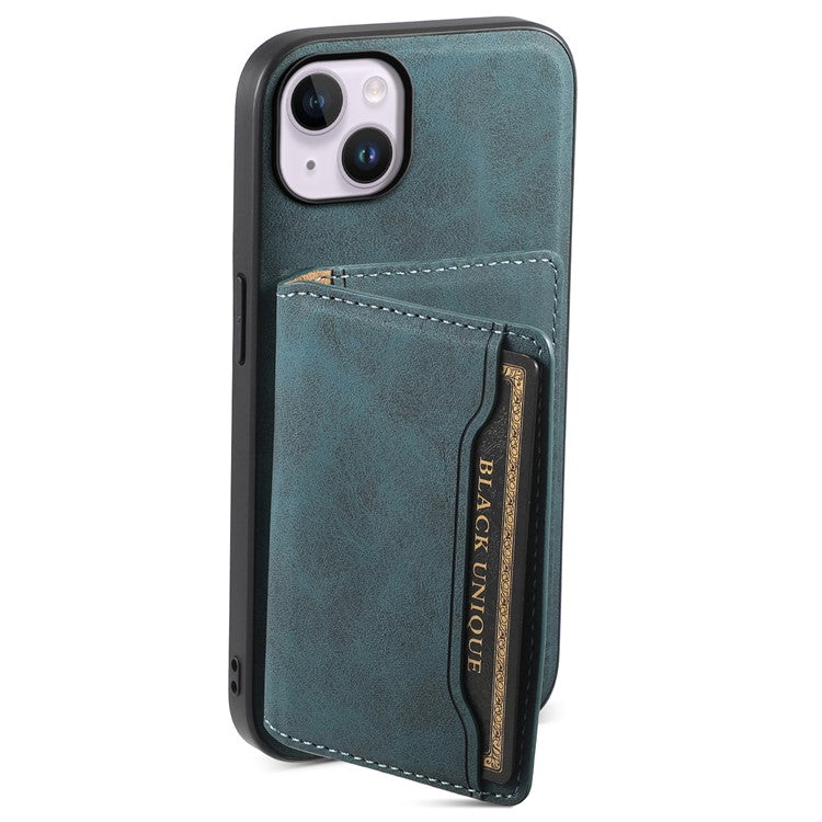 DENIOR D13 For iPhone 14 Plus Magnetic Leather+TPU+PC Bump Proof Phone Cover with Card Bag - Blue