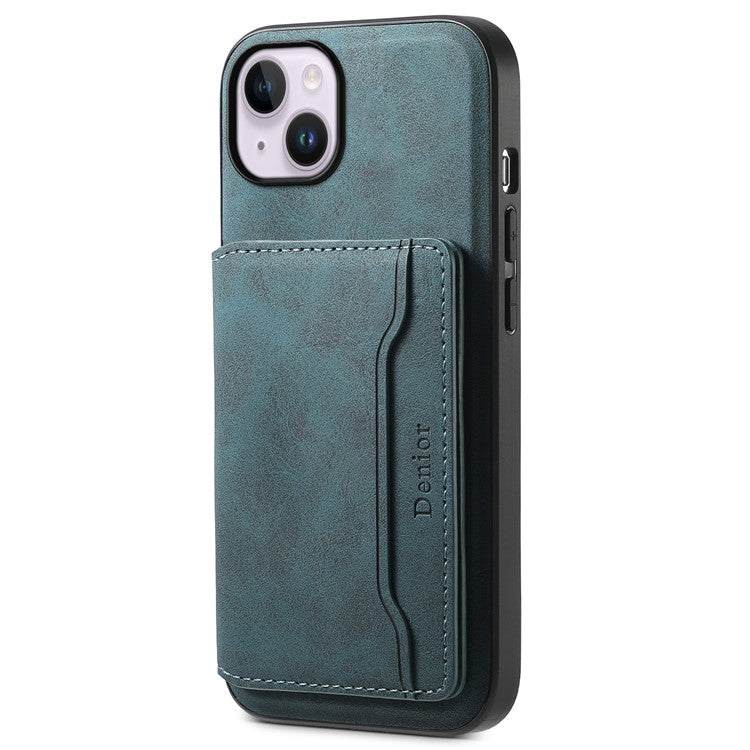 DENIOR D13 For iPhone 14 Plus Magnetic Leather+TPU+PC Bump Proof Phone Cover with Card Bag - Blue