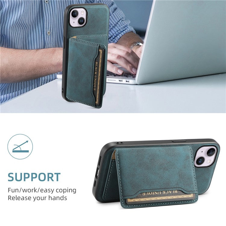 DENIOR D13 For iPhone 14 Plus Magnetic Leather+TPU+PC Bump Proof Phone Cover with Card Bag - Blue