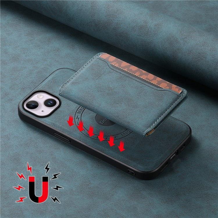 DENIOR D13 For iPhone 14 Plus Magnetic Leather+TPU+PC Bump Proof Phone Cover with Card Bag - Blue