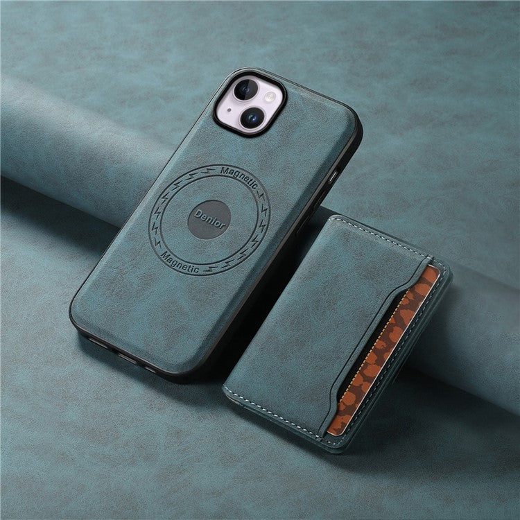 DENIOR D13 For iPhone 14 Plus Magnetic Leather+TPU+PC Bump Proof Phone Cover with Card Bag - Blue