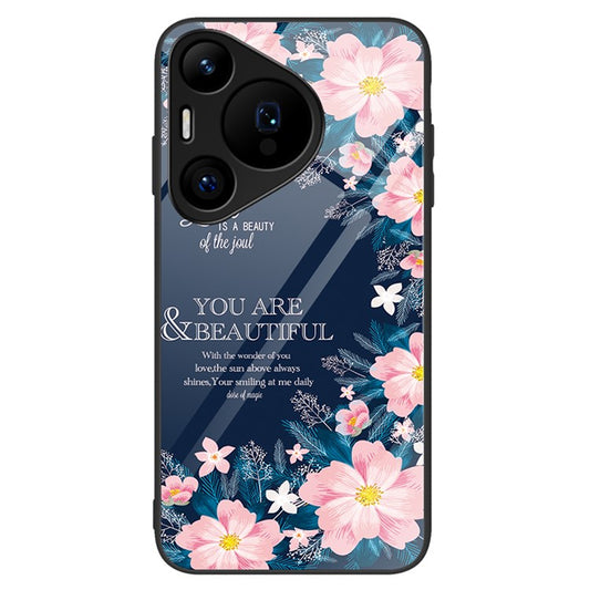 For Huawei Pura 70 Pro / Pura 70 Pro+ Case Pattern Design Tempered Glass Phone Cover - Pink Flowers