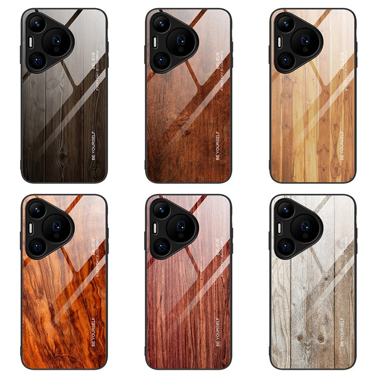 For Huawei Pura 70 Phone Case TPU Frame Tempered Glass Back Cover Wood Texture - Coffee