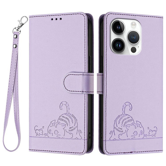 YB Imprinting Series-9 for iPhone 14 Pro Case Cat Mouse Pattern Leather Phone Cover with RFID Blocking - Purple