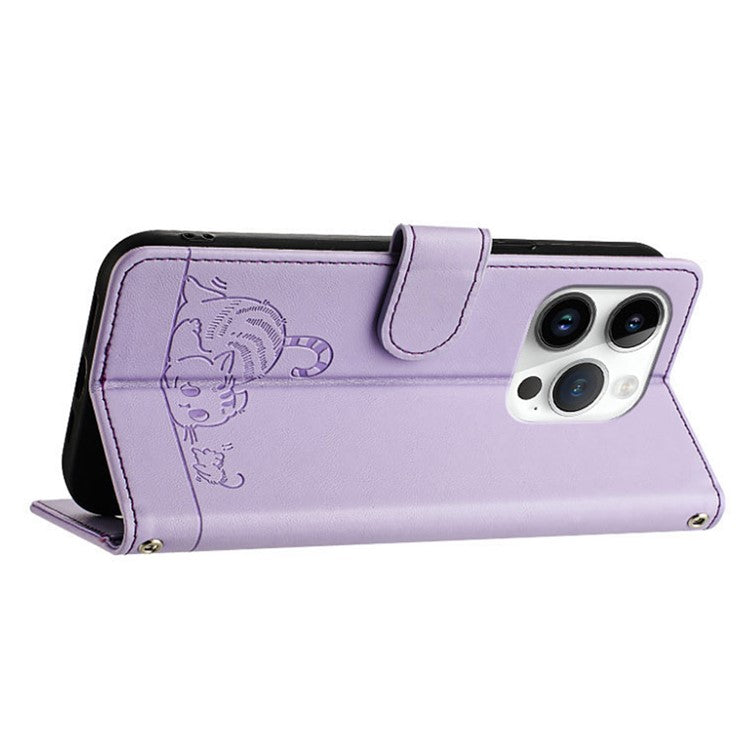 YB Imprinting Series-9 for iPhone 14 Pro Case Cat Mouse Pattern Leather Phone Cover with RFID Blocking - Purple