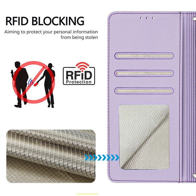 YB Imprinting Series-9 for iPhone 14 Pro Case Cat Mouse Pattern Leather Phone Cover with RFID Blocking - Purple