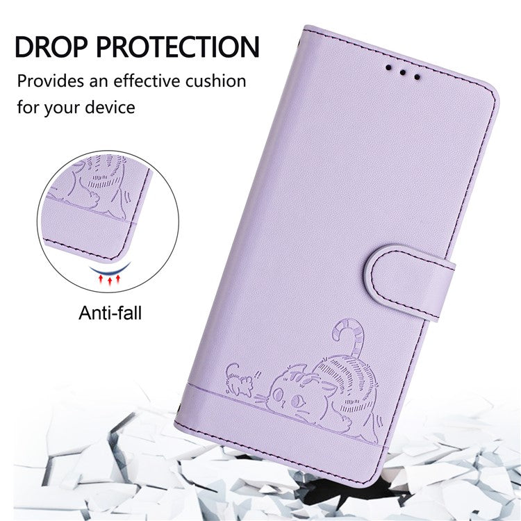 YB Imprinting Series-9 for iPhone 14 Pro Case Cat Mouse Pattern Leather Phone Cover with RFID Blocking - Purple