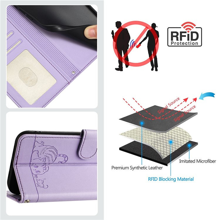 YB Imprinting Series-9 for iPhone 14 Pro Case Cat Mouse Pattern Leather Phone Cover with RFID Blocking - Purple