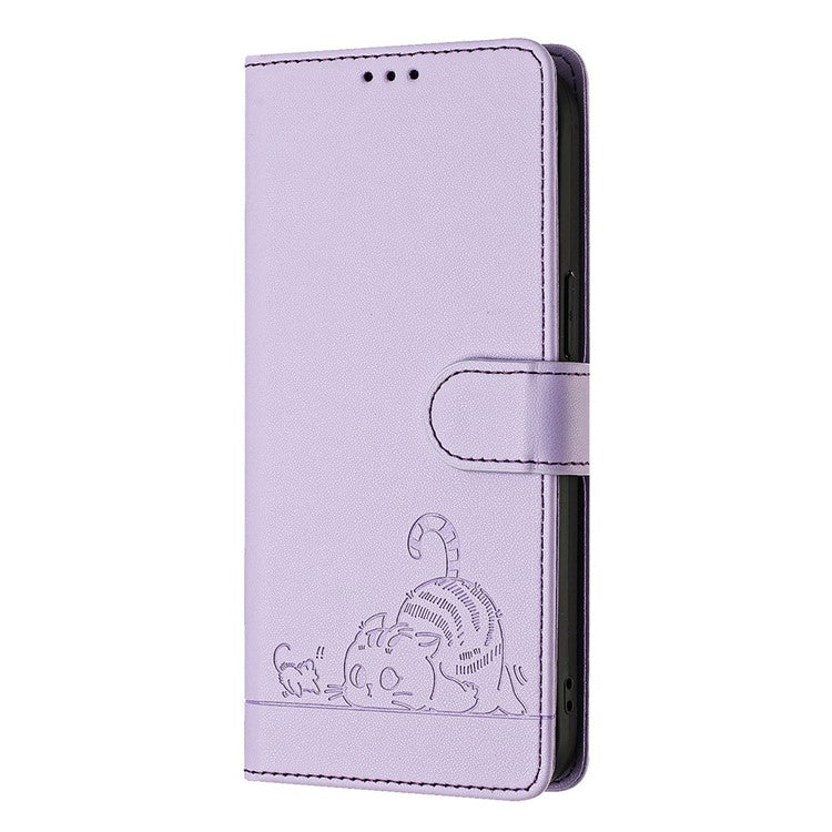 YB Imprinting Series-9 for iPhone 14 Pro Case Cat Mouse Pattern Leather Phone Cover with RFID Blocking - Purple