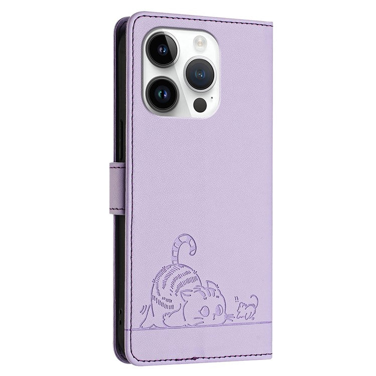YB Imprinting Series-9 for iPhone 14 Pro Case Cat Mouse Pattern Leather Phone Cover with RFID Blocking - Purple